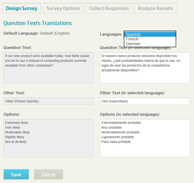 Multi language survey question translations